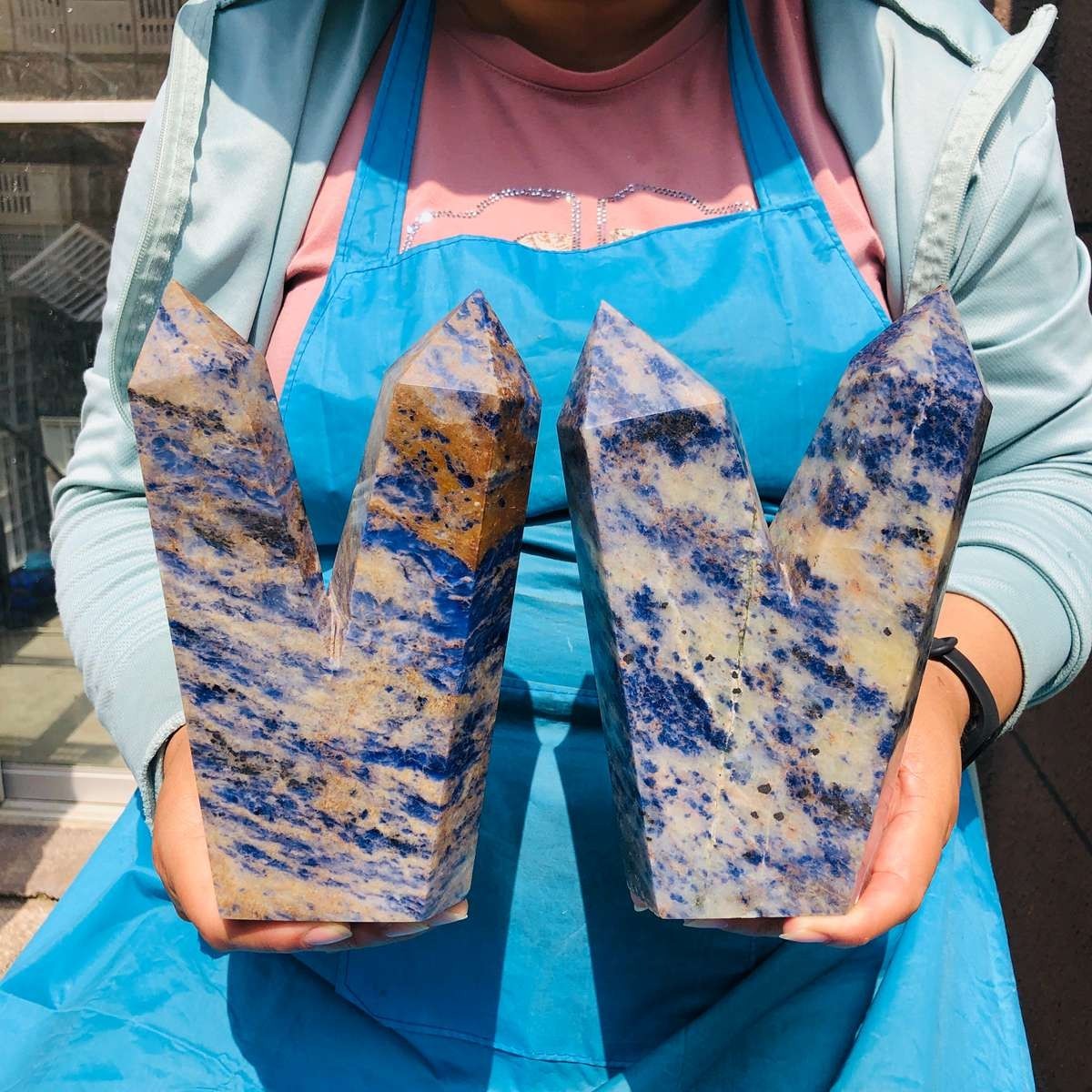 2 pieces 7.59LB Natural Blue Vein Stone Crystal Multi Pointed Pillar Heals 2236