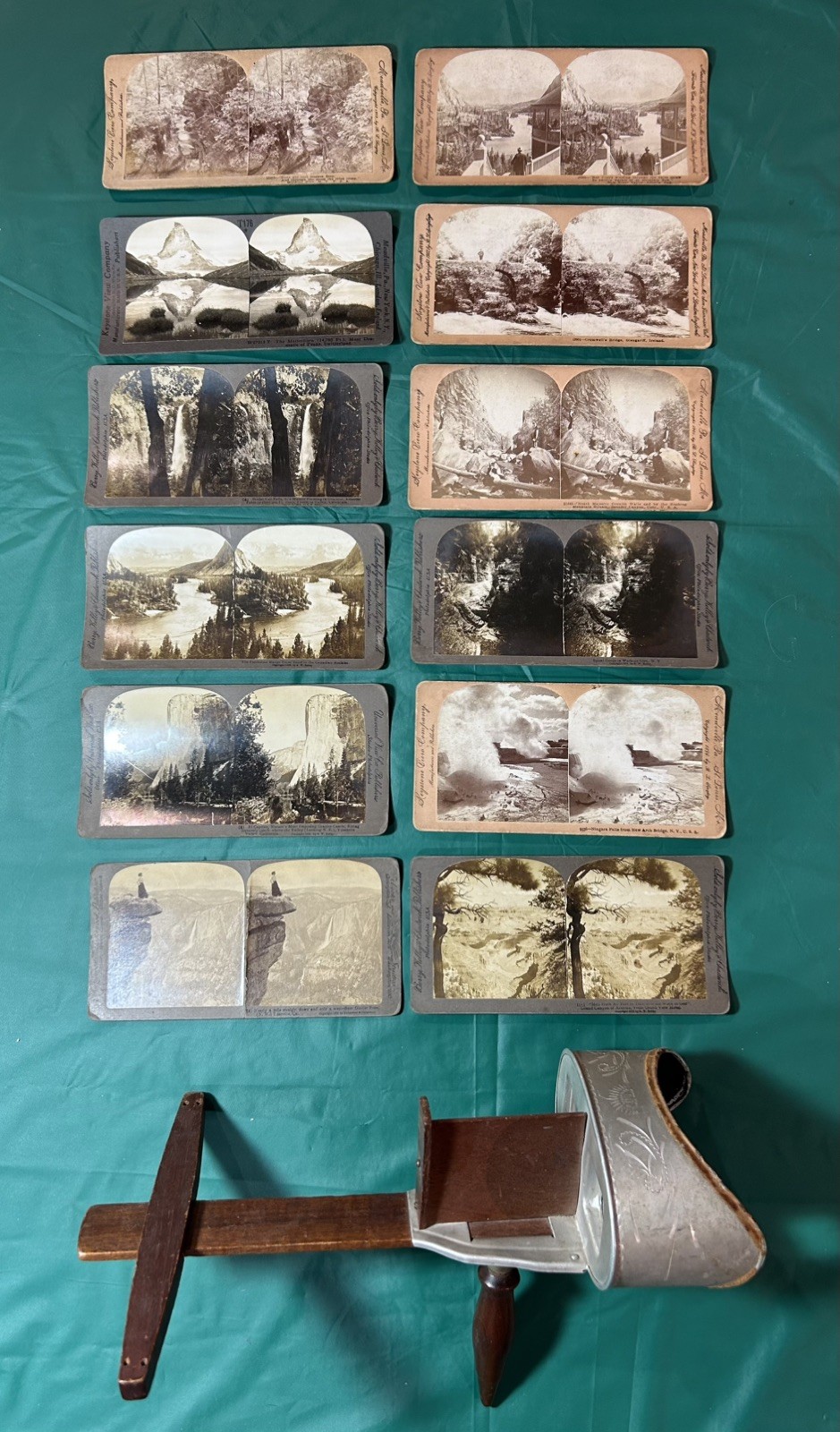 ANTIQUE 1901 UNDERWOOD STEREOSCOPE AND 12 PICTURES OF FAMOUS SCENERY/LANDMARKS