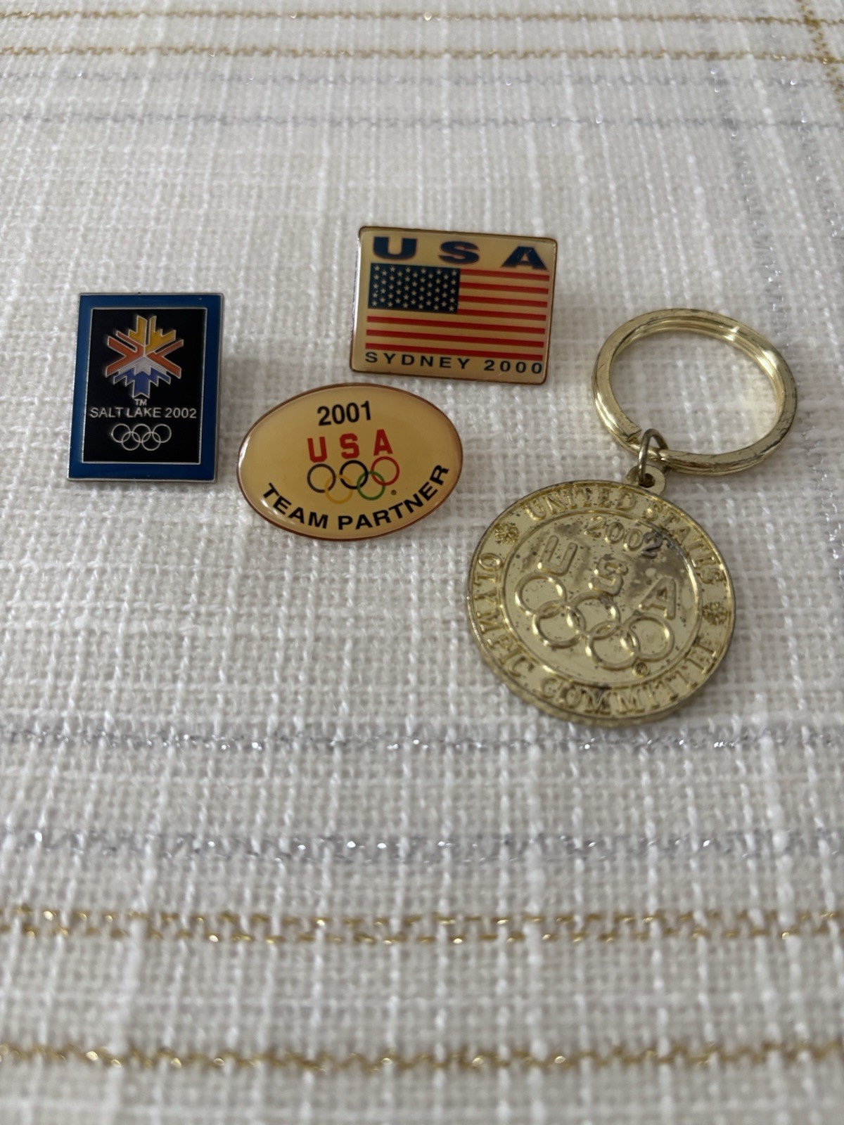 3 Olympic Lapel Pins and Key Chain Salt Lake 2002 Sydney 2000 Team Partner 2001