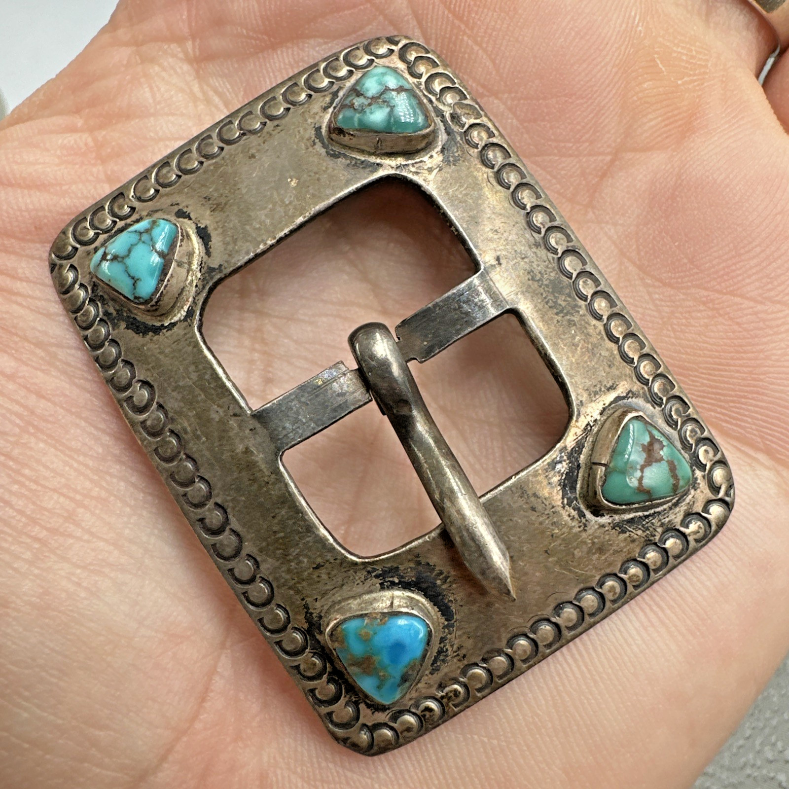 Vtg Native? Southwestern Sterling Silver Turquoise Buckle ~0.75” Belt Signed JCS
