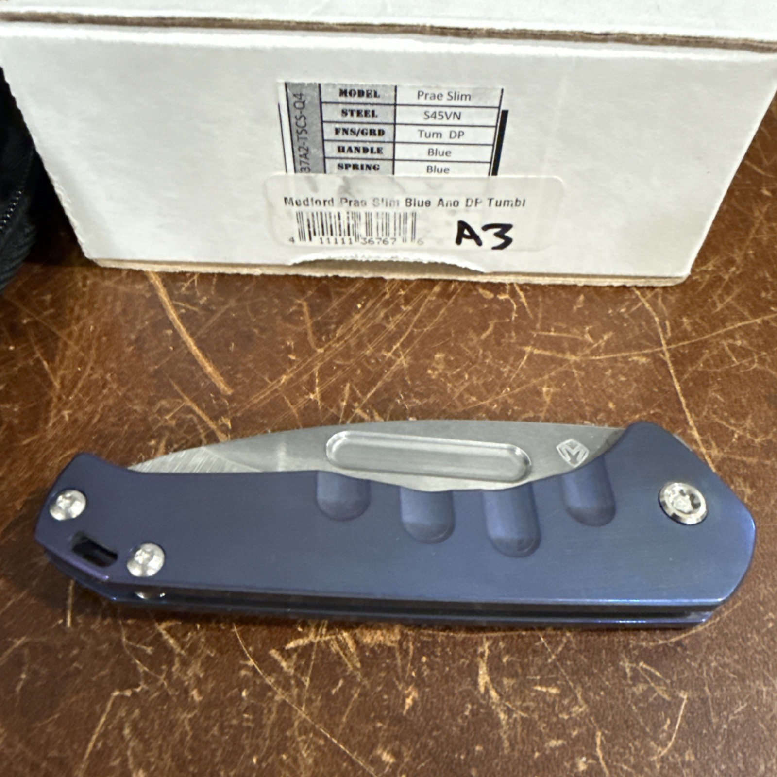Medford Praetorian Slim S45VN DP Tumbled Framelock Blue Anodized Folding Knife