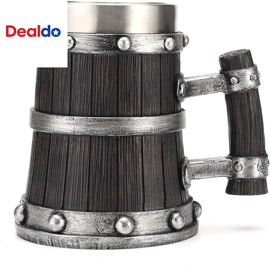 Nordic Viking Mug, Pirate Beer Cup,Wooden Barrel Beer Mug Stainless Steel Liner,