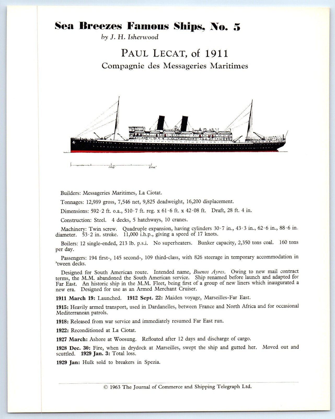 SS PAUL LECAT (1911) Sea Breezes Famous Ships No. 5 History/ Data Sheet 1963