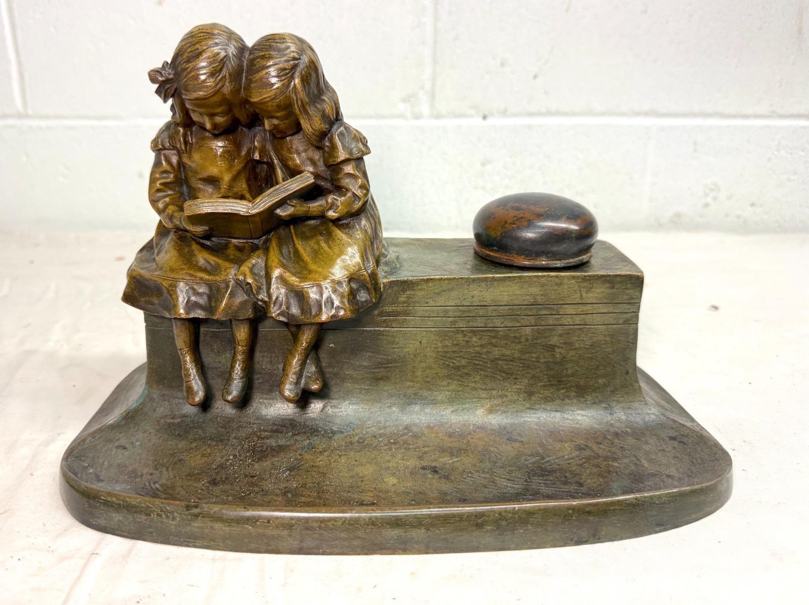Antique 19th century bronze twin sisters book desk inkwell writing stand statue
