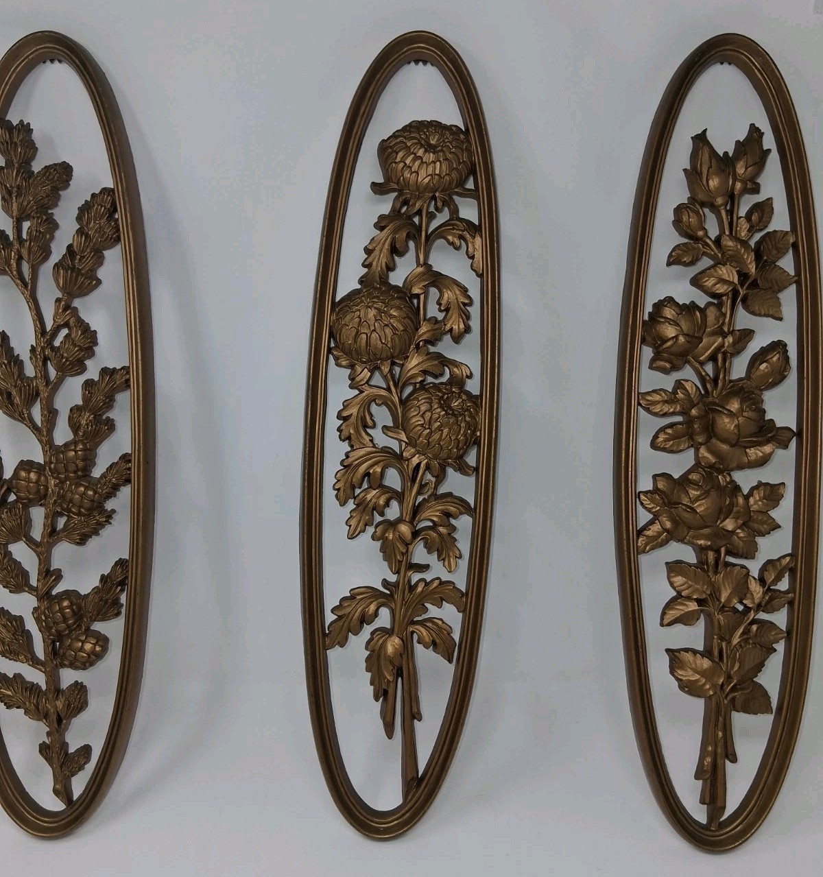 Vtg Burwood Gold Oval Wall Plaques Set 3 Floral Rose Mum Pine MCM Hollywood...