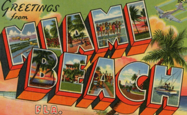 1950\'s Postcard Large Letter Greetings From Miami Beach FL Planes Swimsuit Linen