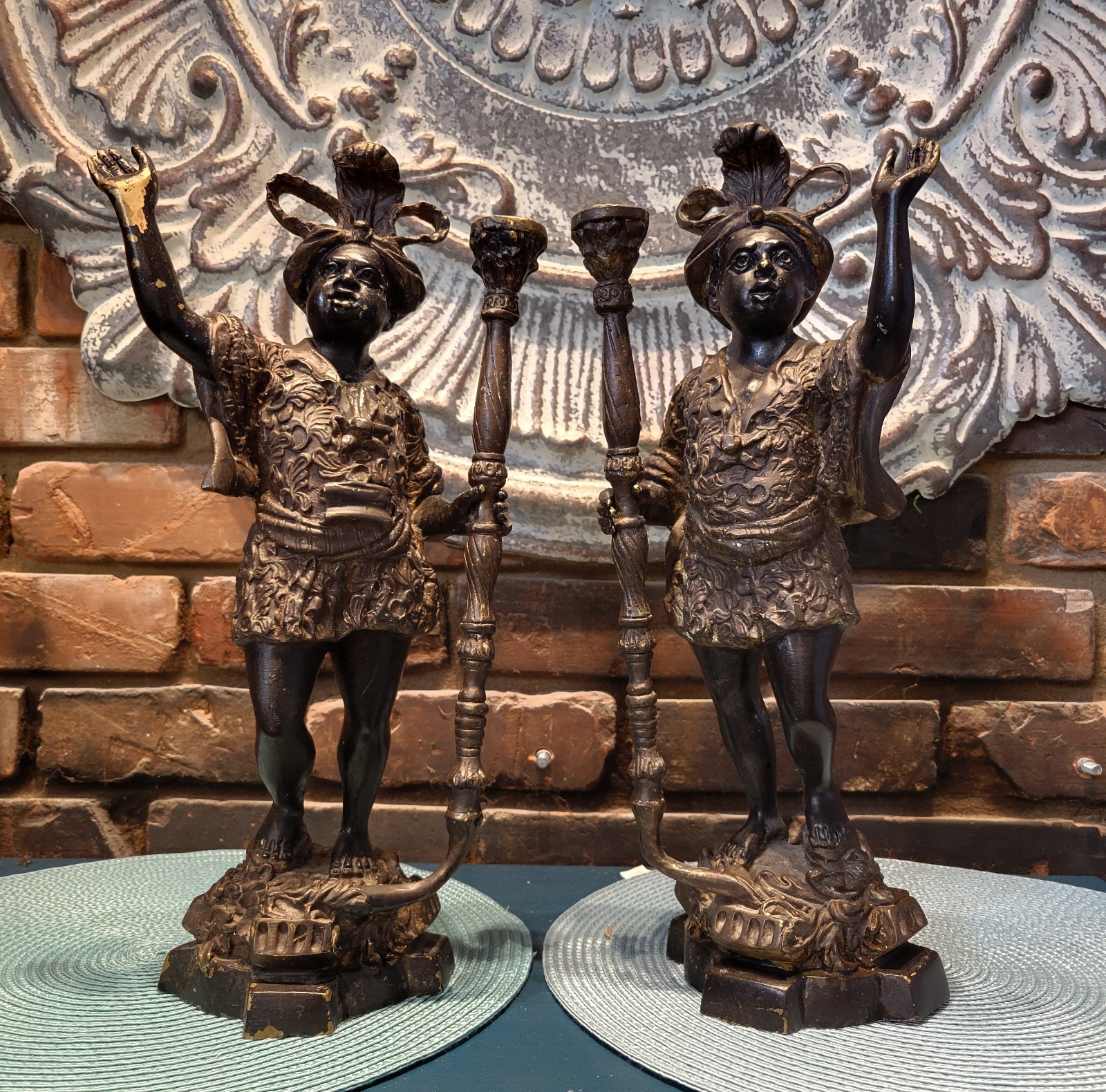 2× Antique Bronze Blackamoor Candle Holders Venetian Figural Candlesticks 16