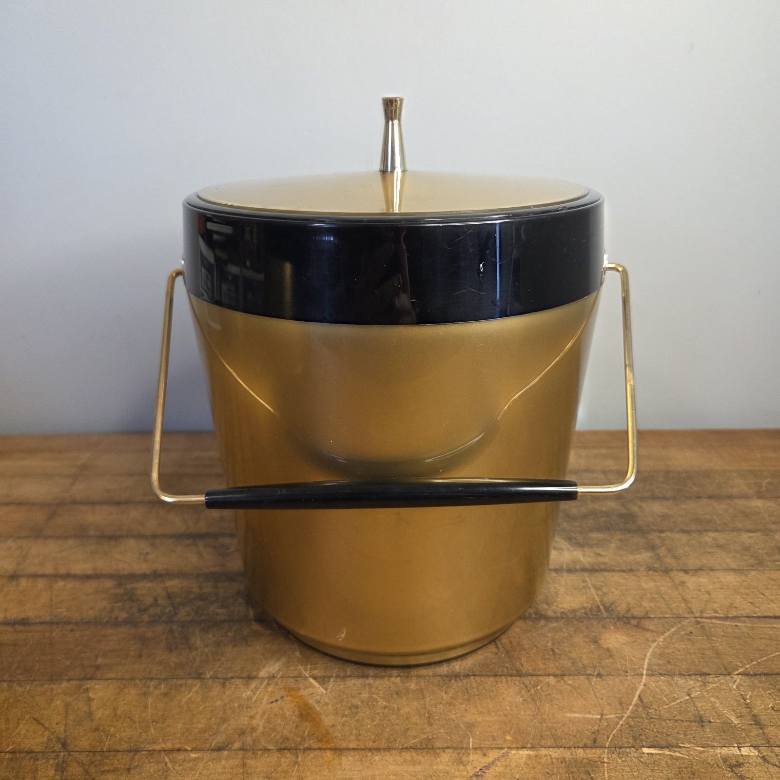 Vintage West Bend Thermo Serv Atomic Gold Black Ice Bucket Mid-Century Bar 