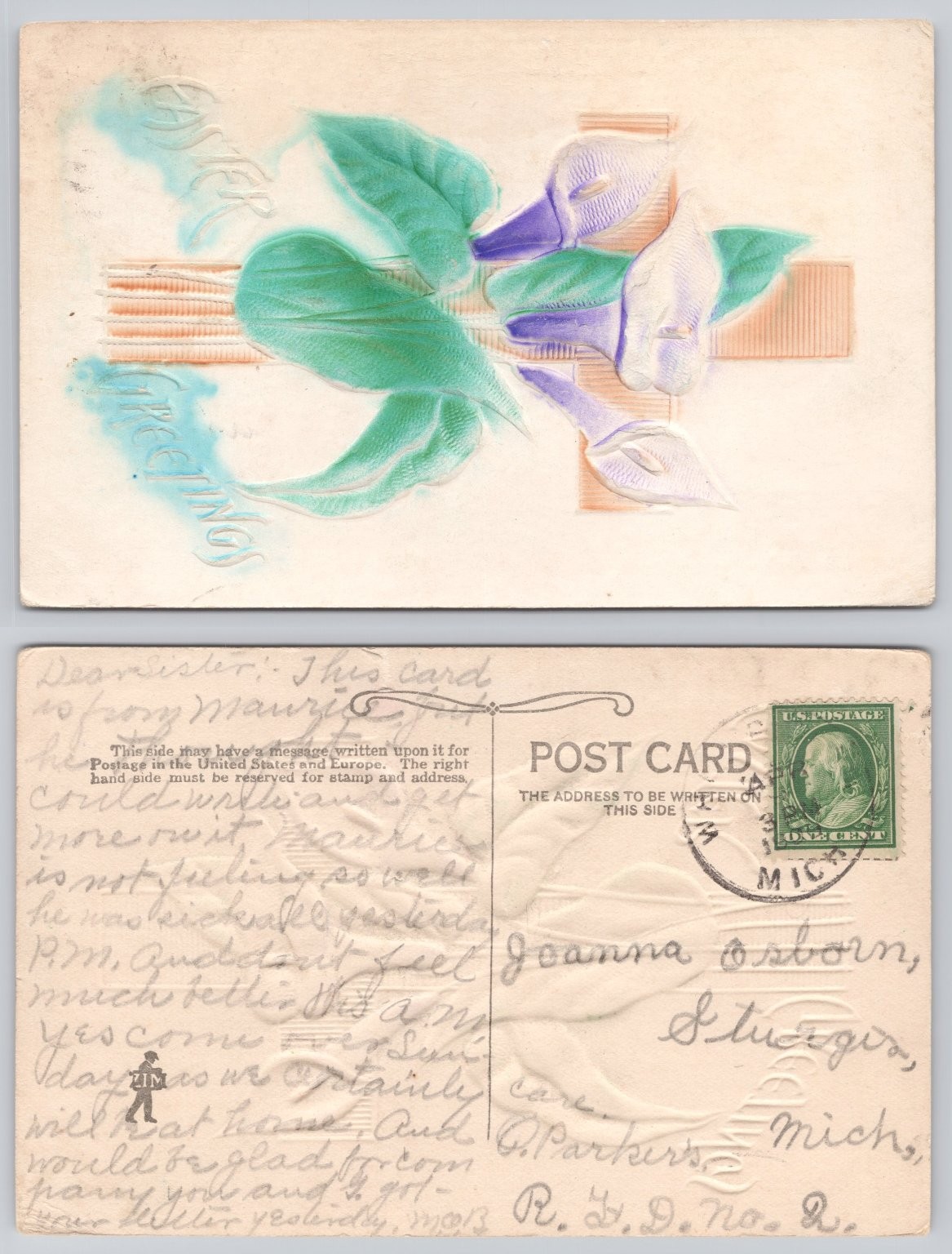Vintage Easter Greetings Postcard Embossed Calla Lily Sturgis MI 1913 Postmark