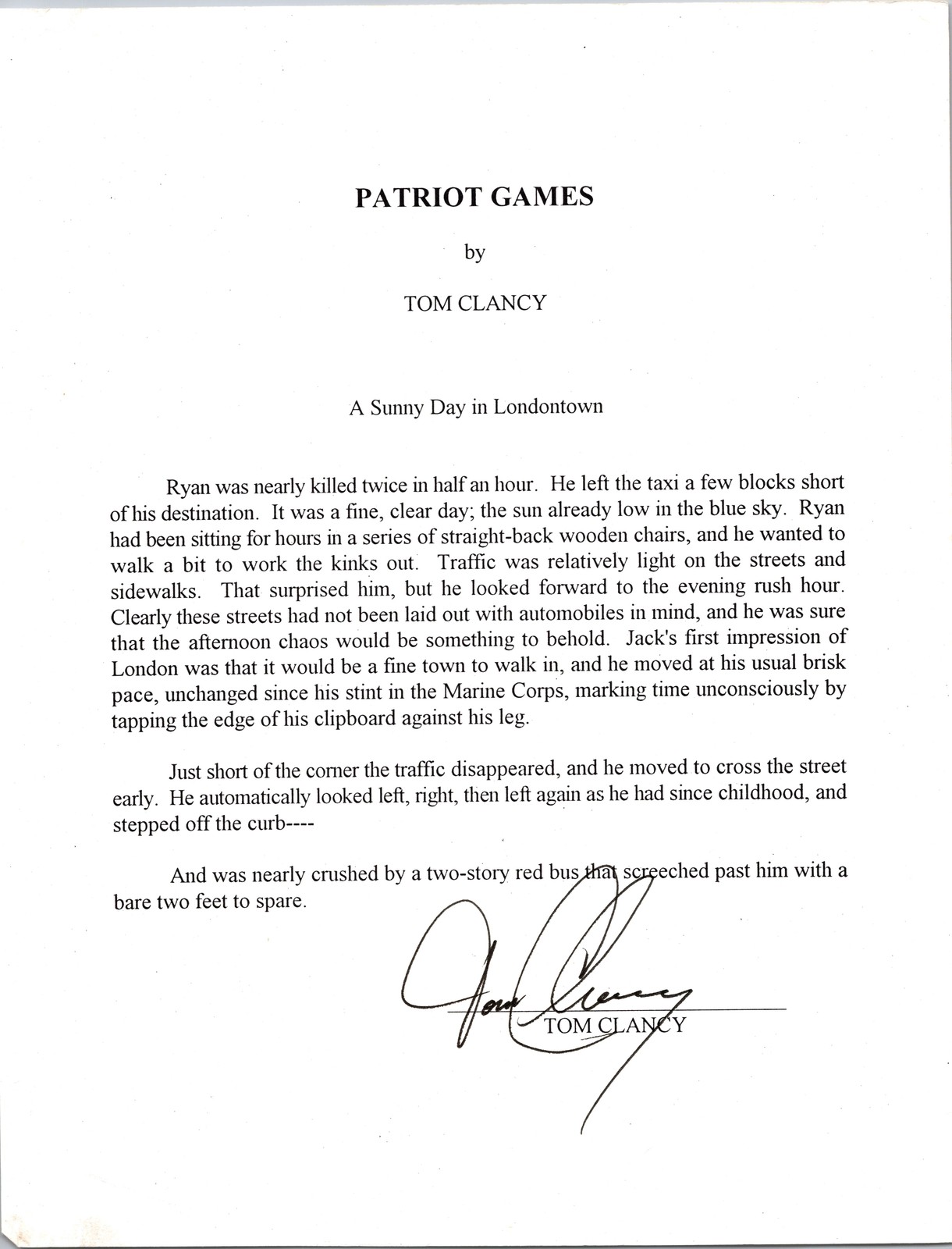 8 x 10 Patriot Games Excerp w/ Signed Autograph - Tom Clancy