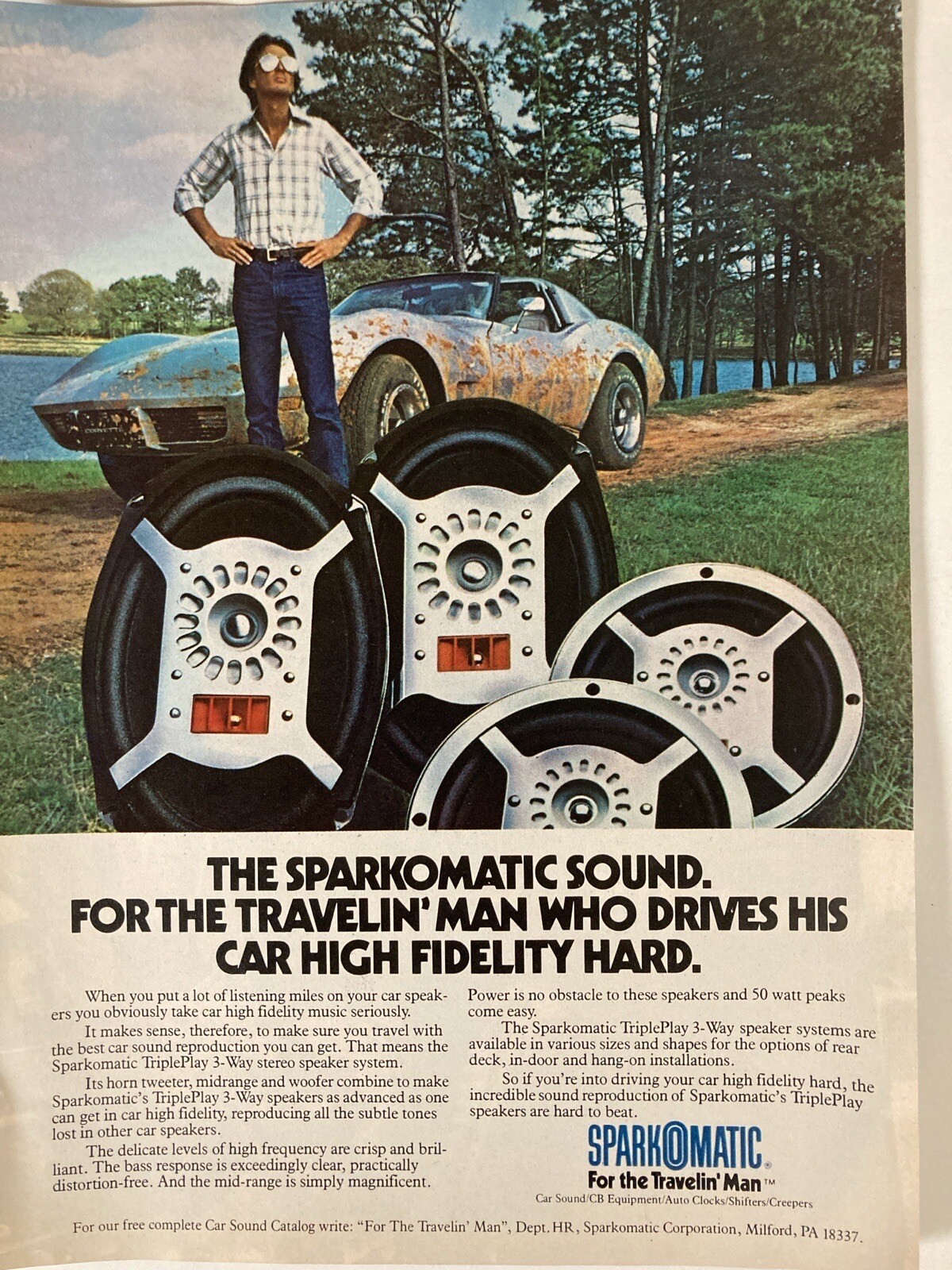1978 Sparkomatic Car Radio Print Ad Chevy Corvette Triple Play Speakers