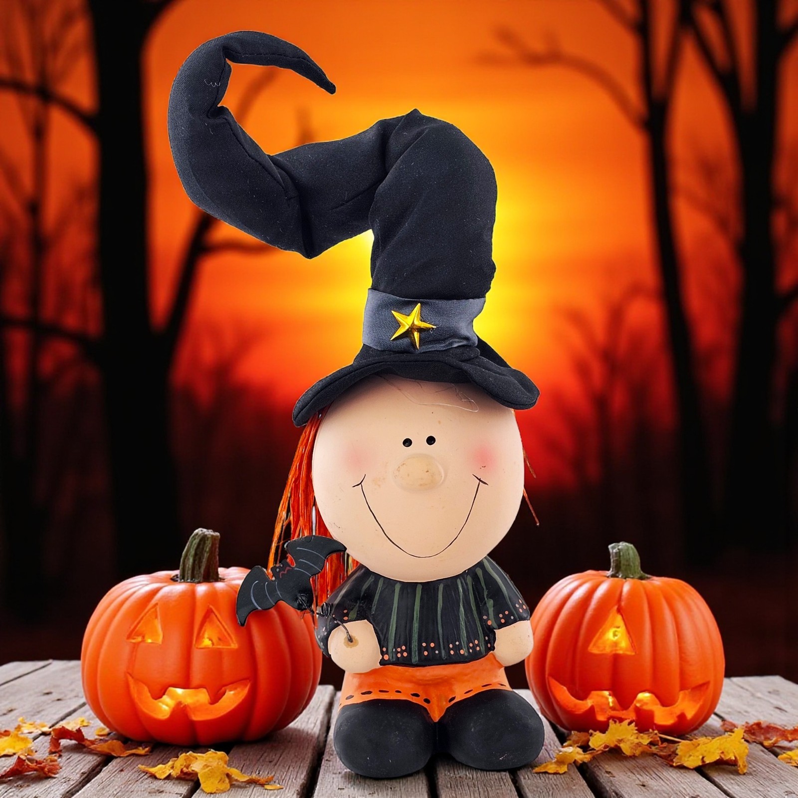 VTG Halloween Little Witch Figurine with Poseable Hat & Bat Ceramic Retro Decor