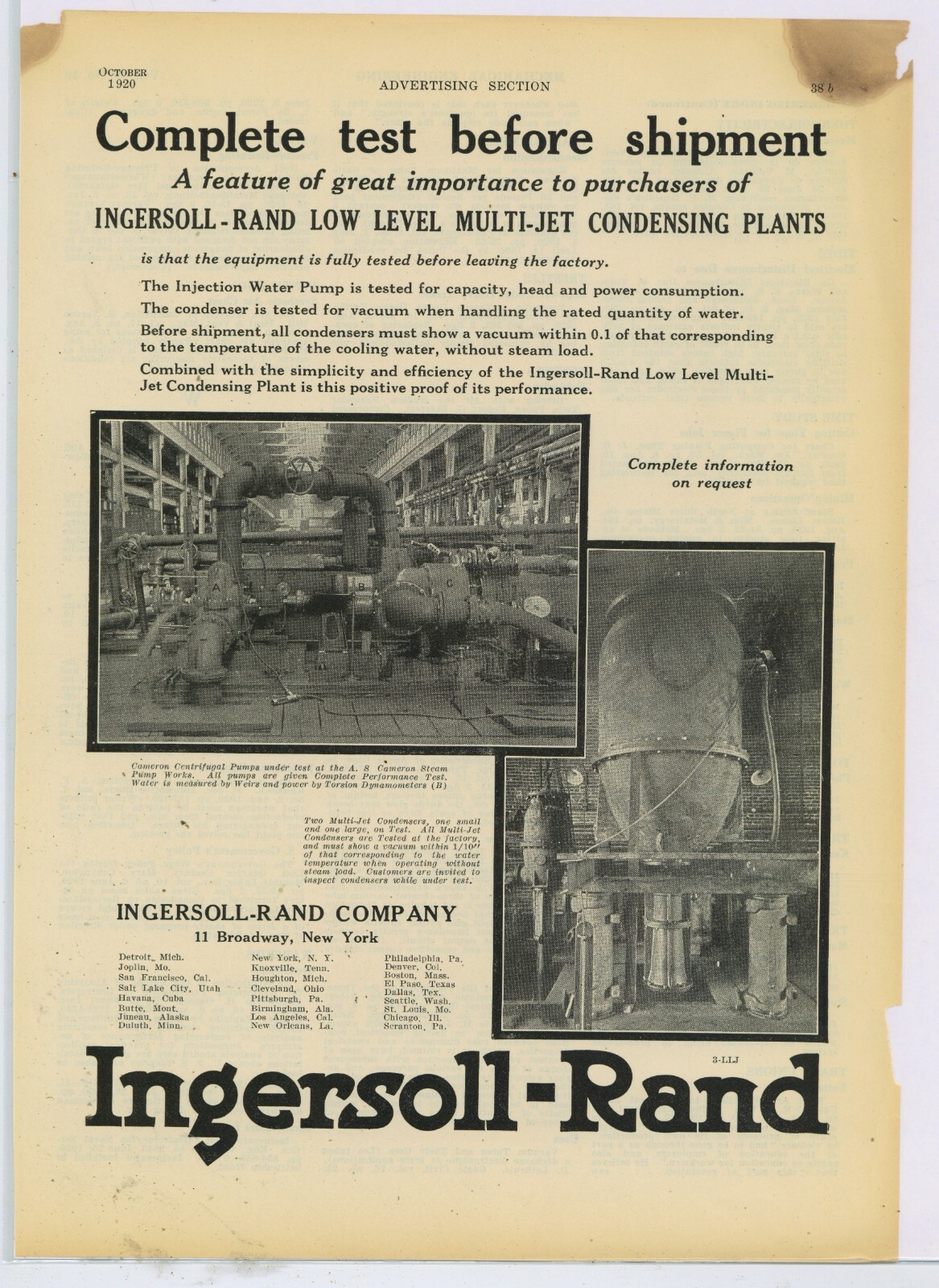 1920 Ingersoll Rand Ad: Injection Water Pump A.S. Cameron Steam Pump Works