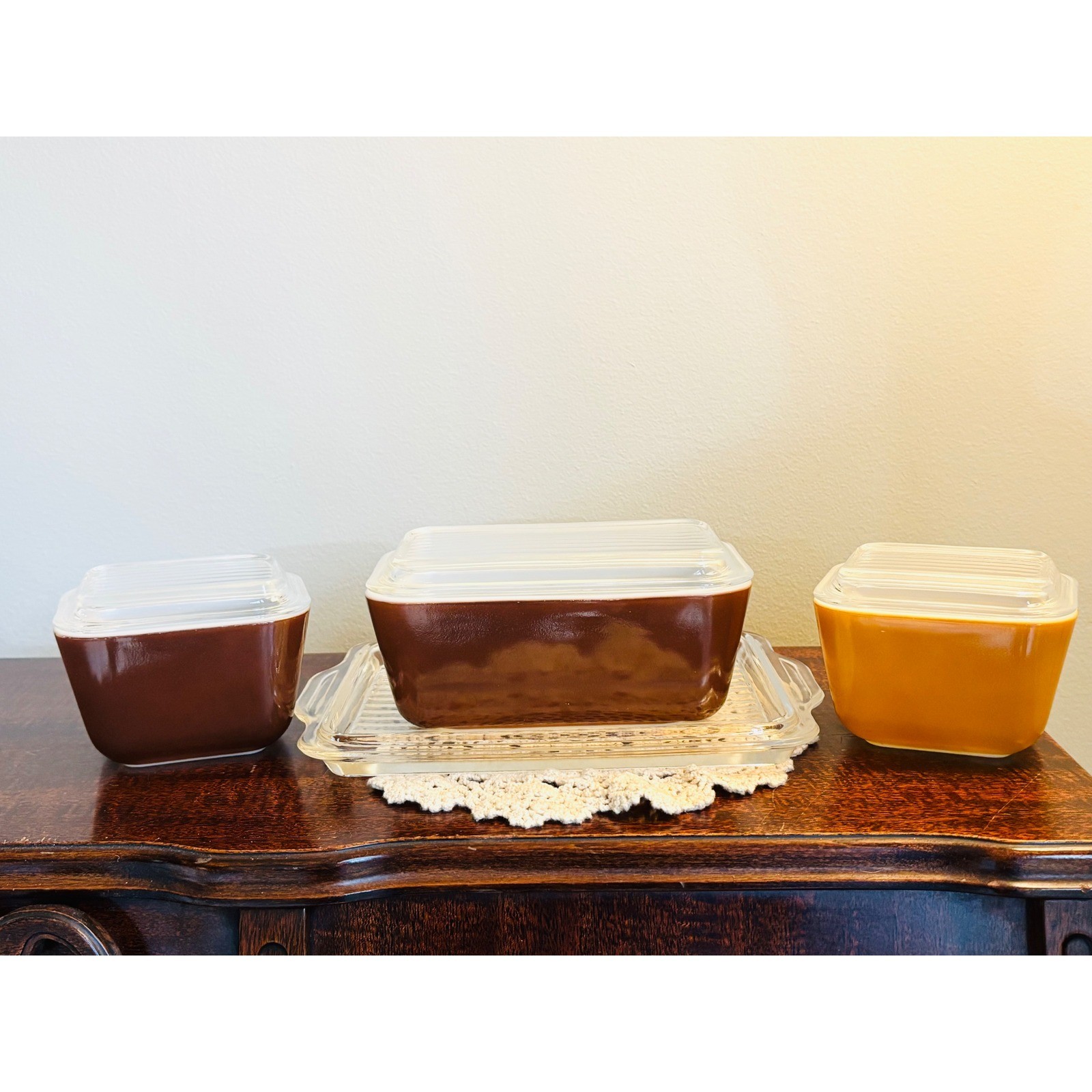 Vintage Pyrex Old Orchard Refrigerator Set 7 piece with clear trailing platter