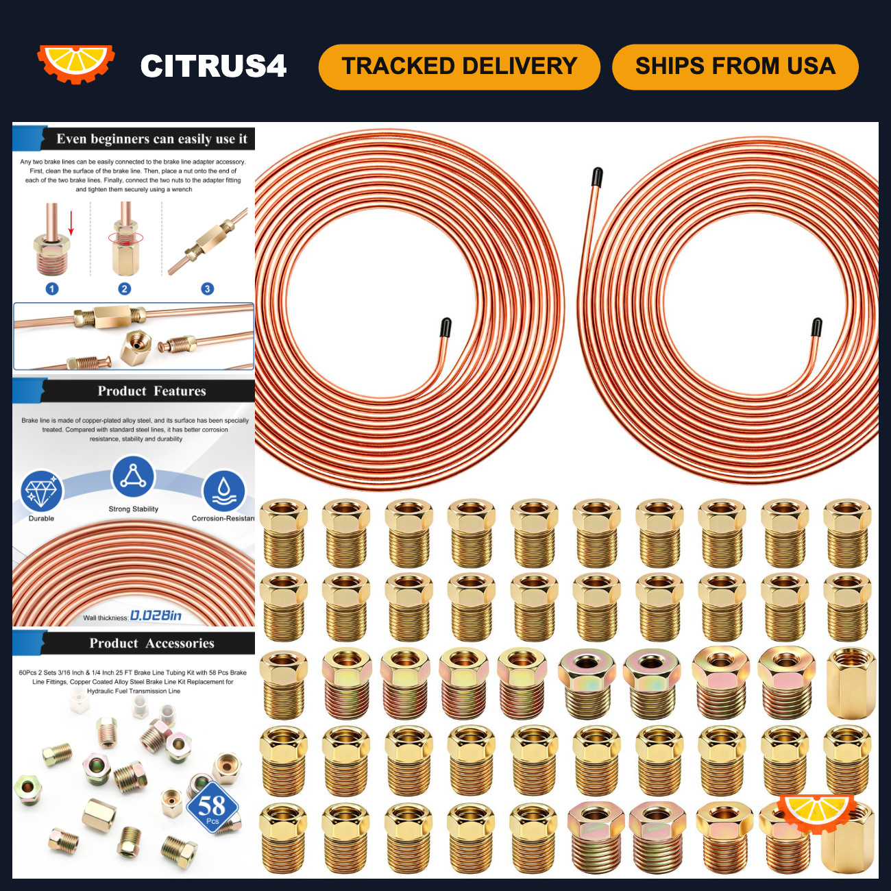 60Pcs Brake Line Tubing Kit 3/16
