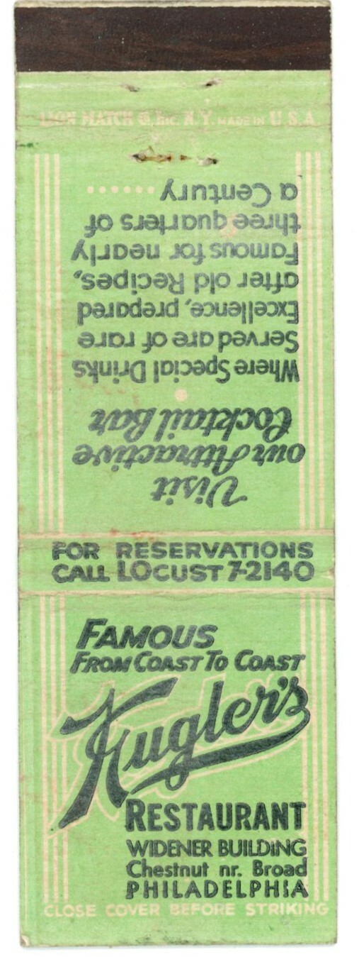 Kugler\'s Restaurant Philadelphia PA Vintage Matchbook Cover 1940s-50s