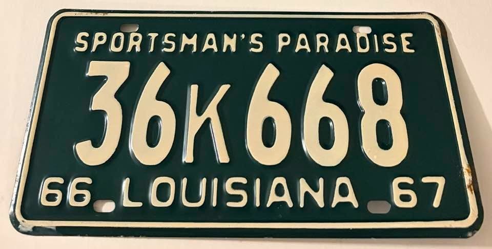 Vintage 1966 1967 Louisiana License Plate 36 K 668 Sportsman\'s Paradise