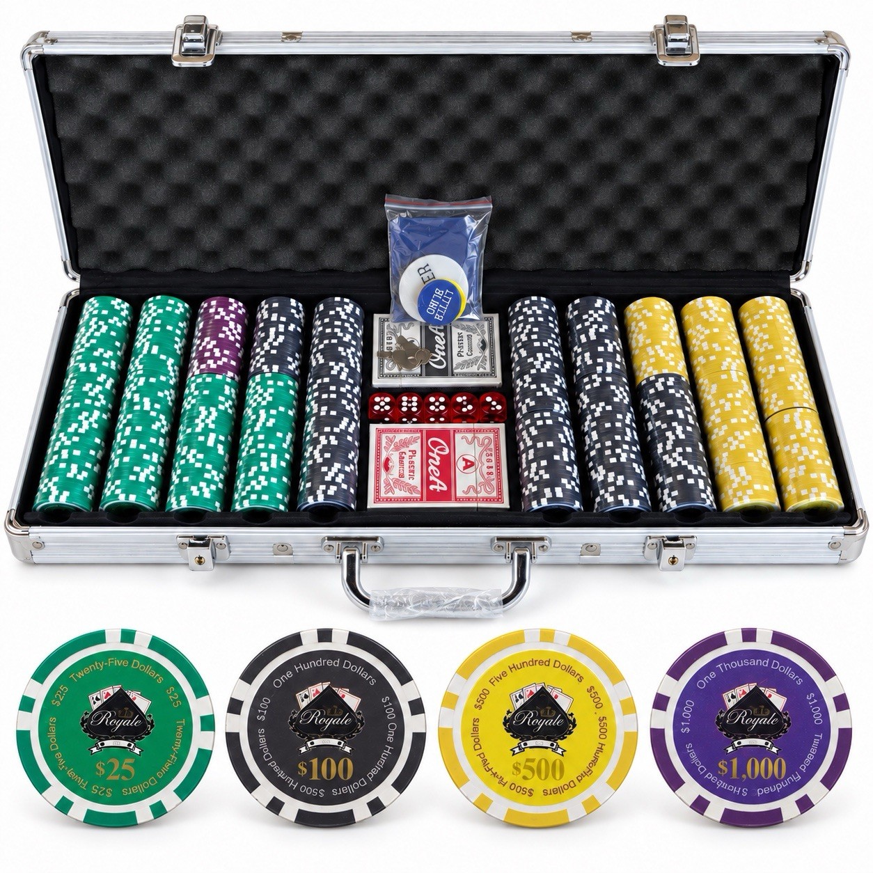500-Piece Poker Chip Set W/ Face Denominations with Aluminum Case Cards & Dice