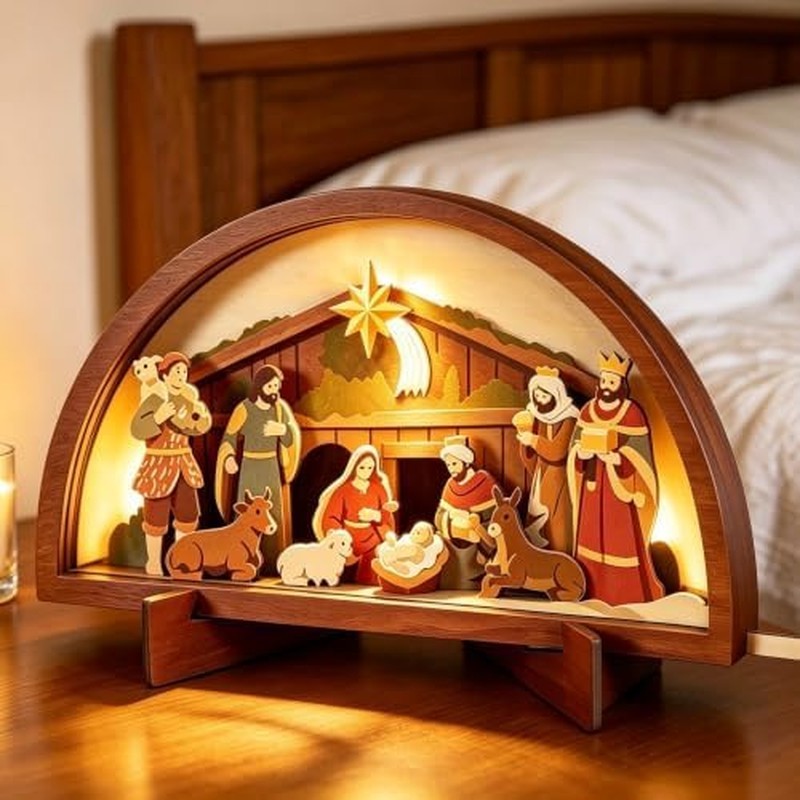 Wooden Nativity Scene Christmas Decoration LED Lighted Christmas Nativity Set