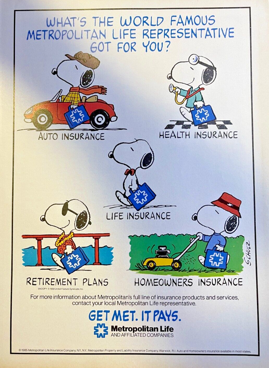 1986 Magazine Advertisement Met Life Snoopy Get Met It Pays