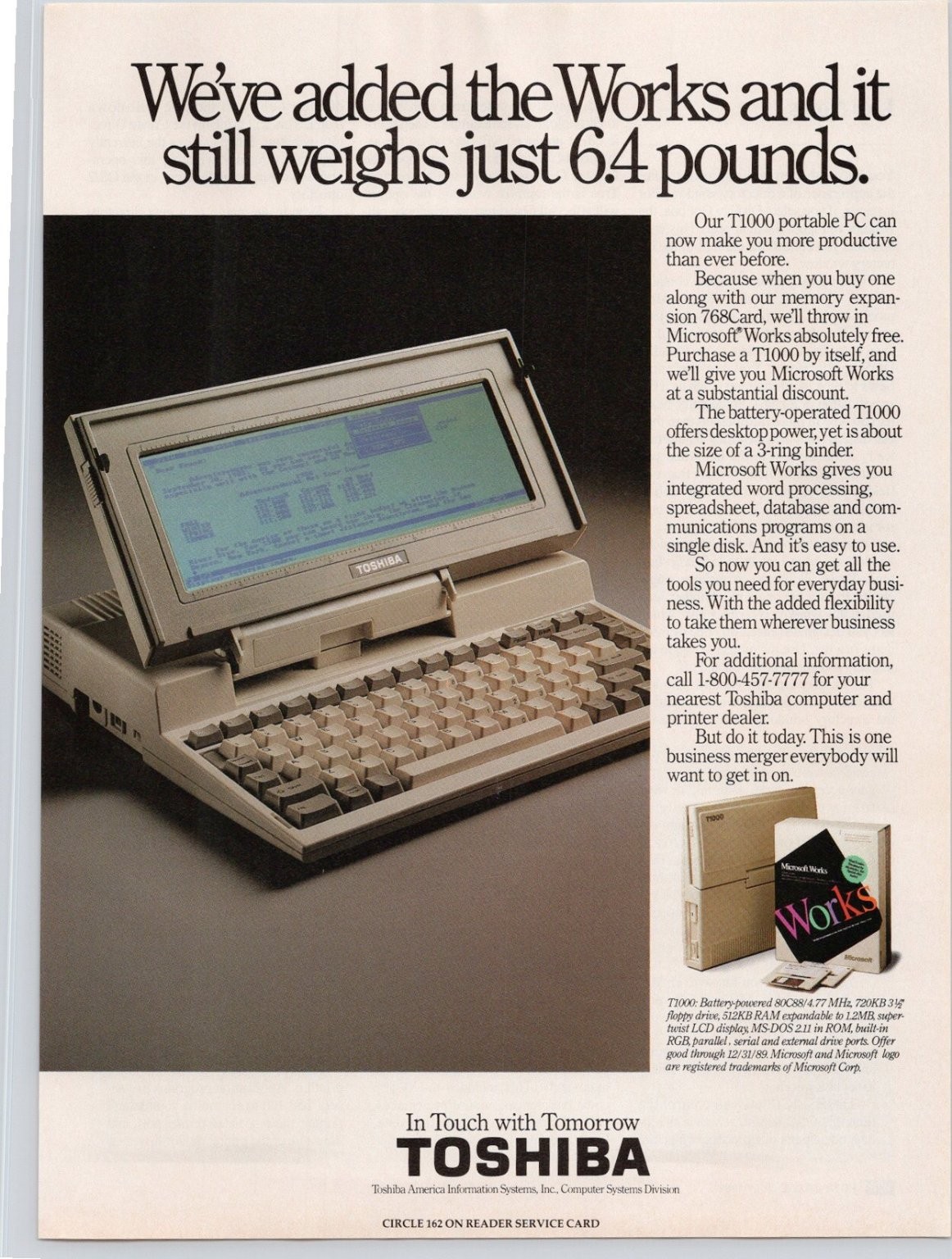 Toshiba T1000 Portable PC Microsoft Works Vintage 1989 Magazine Ad