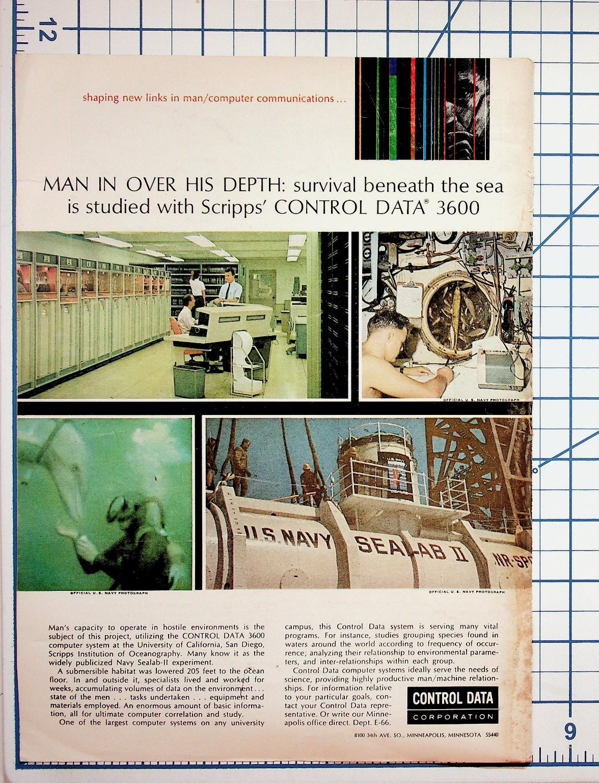 1966 Control Data 3600 Computer Ad Navy Sealab II Oceanography Ephemera