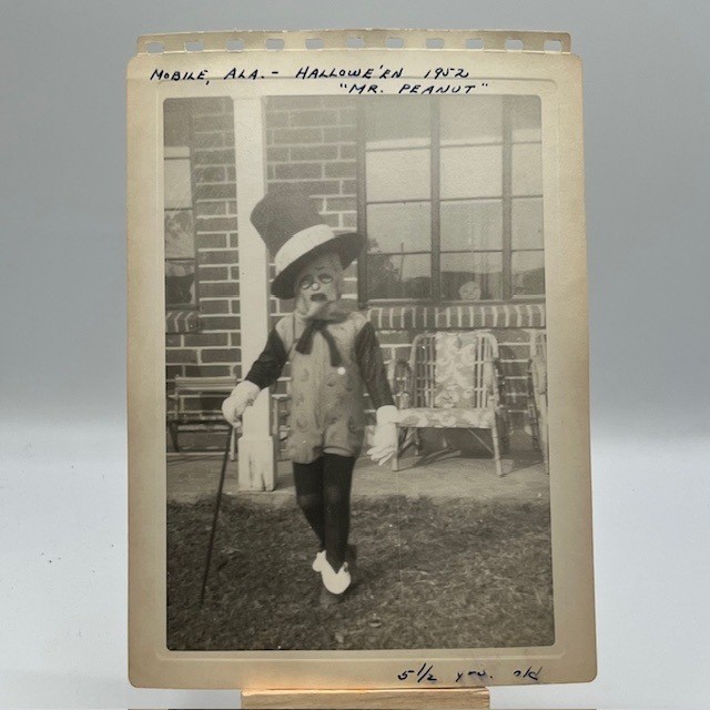 Vintage 1952 Halloween Photo Child in Mr Peanut Costume Mobile Alabama 1950s