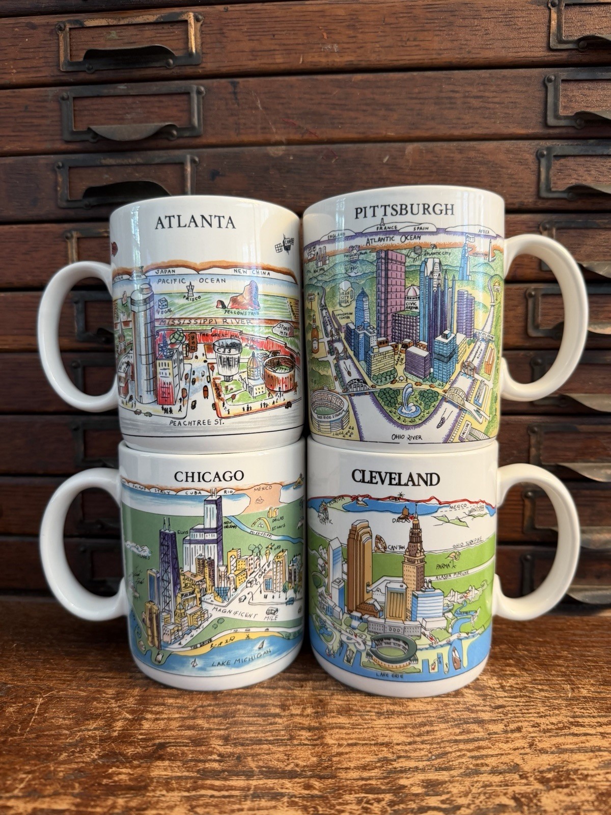 New Lot 4 View of World Mugs: Cleveland Chicago Pittsburgh Atlanta; City Mugs