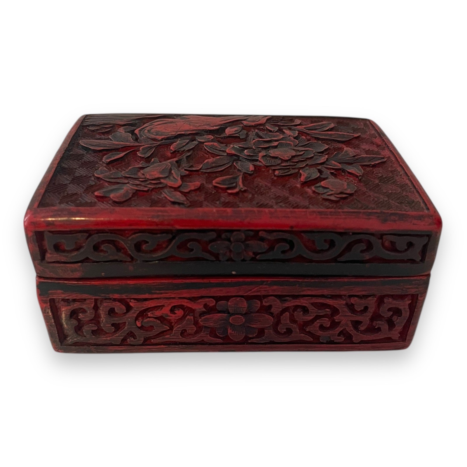 Vintage Red Cinnabar Style Carved Lacquer Trinket Jewelry Box Peony Flower