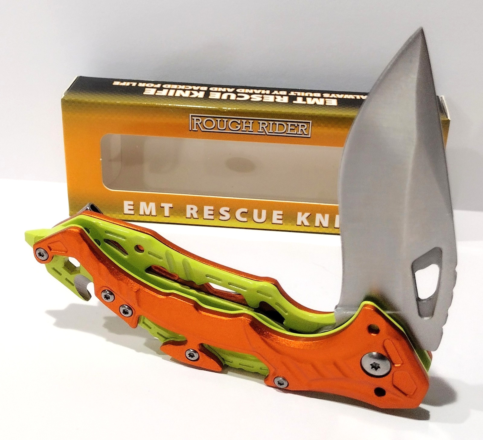 Rough Rider Orange Yellow EMT EDC Rescue A/O Folding Pocket Knife RR2763