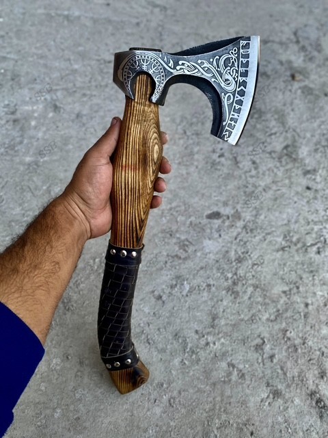 Custom Handmade Carbon Steel Bearded Axe With Leather Rapping Ash Wood Handle