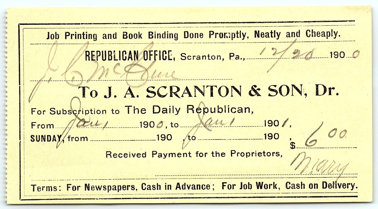 1900 Scranton PA Daily Republican Newspaper Billhead