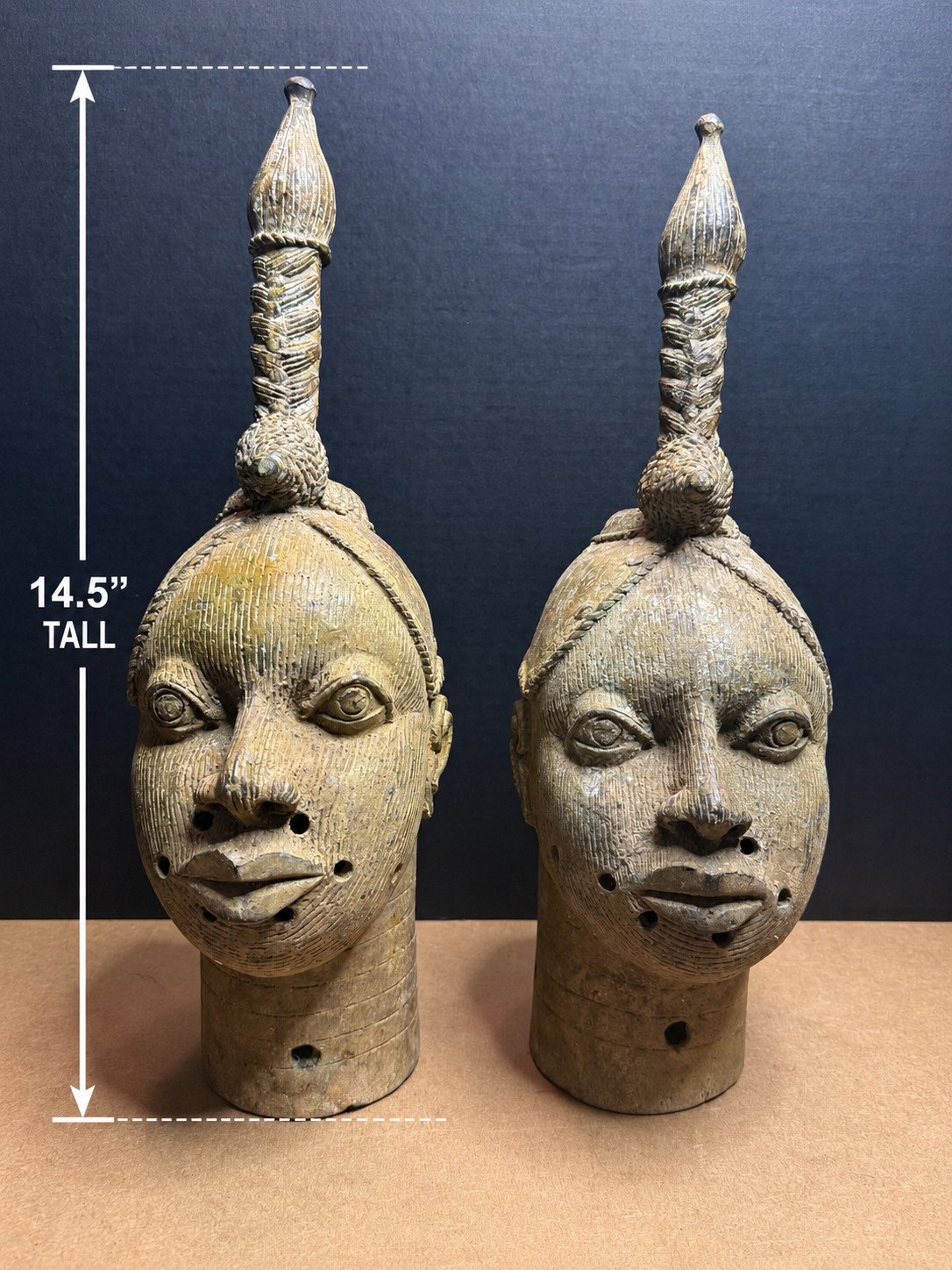 Pair of Ife Benin Bronze Crowned Oni Heads Yoruba Nigeria African Art Ori Olokun