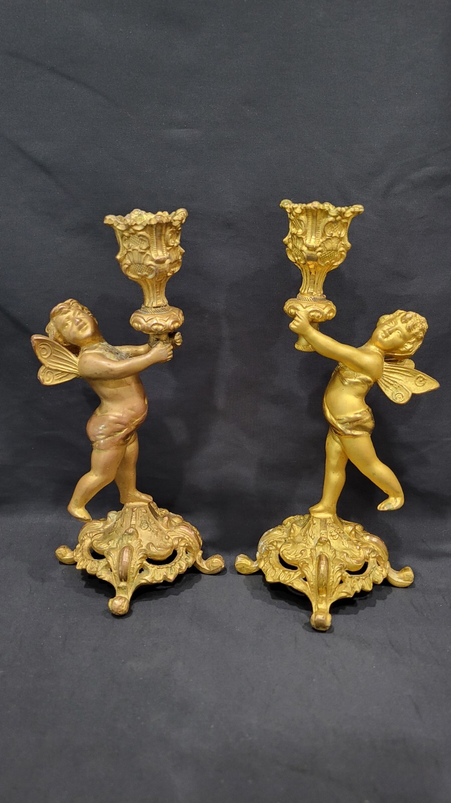 Two Similar Vintage Art Nouveau Style Bronze Baby Fairy Candle Holders