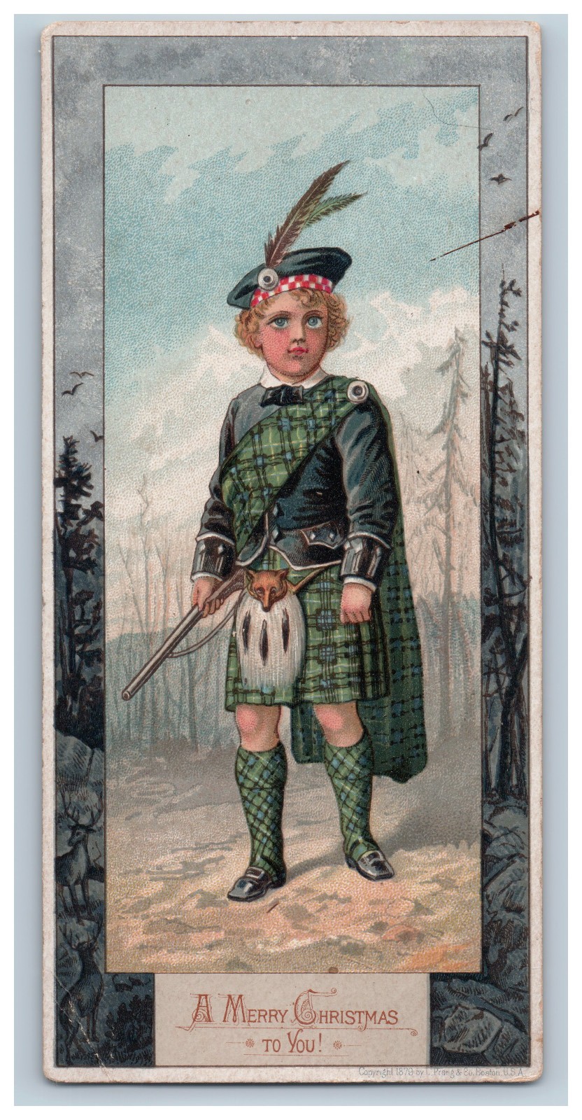 1879 Victorian Era Christmas Card Scottish Boy Highland Hunting Kilt Attire