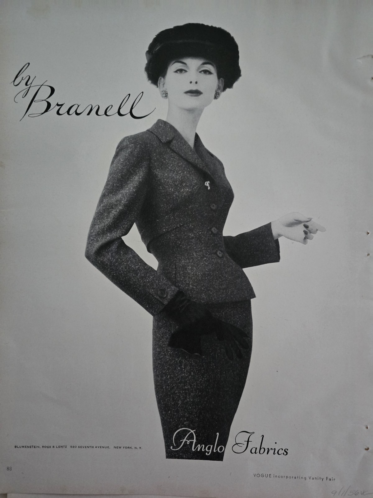 1956 Women's By Branell Anglo fabrics suit Vintage Fashion Ad