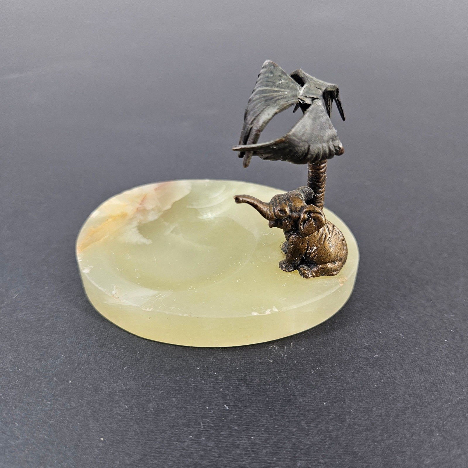 Antique 20s Vienna Bronze Elephant Art Deco Green Onyx Trinket Dish Austria