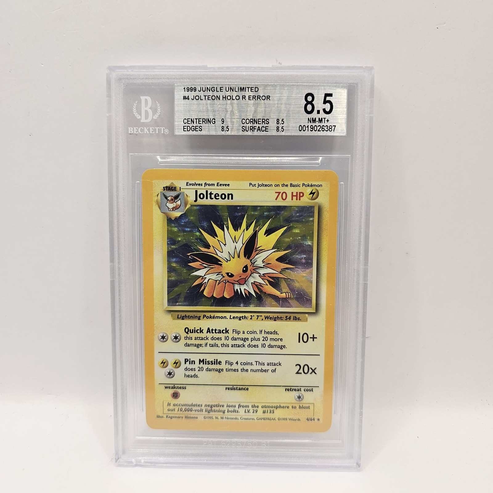 Pokemon Card Jolteon 4/64 Set Jungle BGS 8.5 No Symbol Near Mint Cosmos Holo ENG