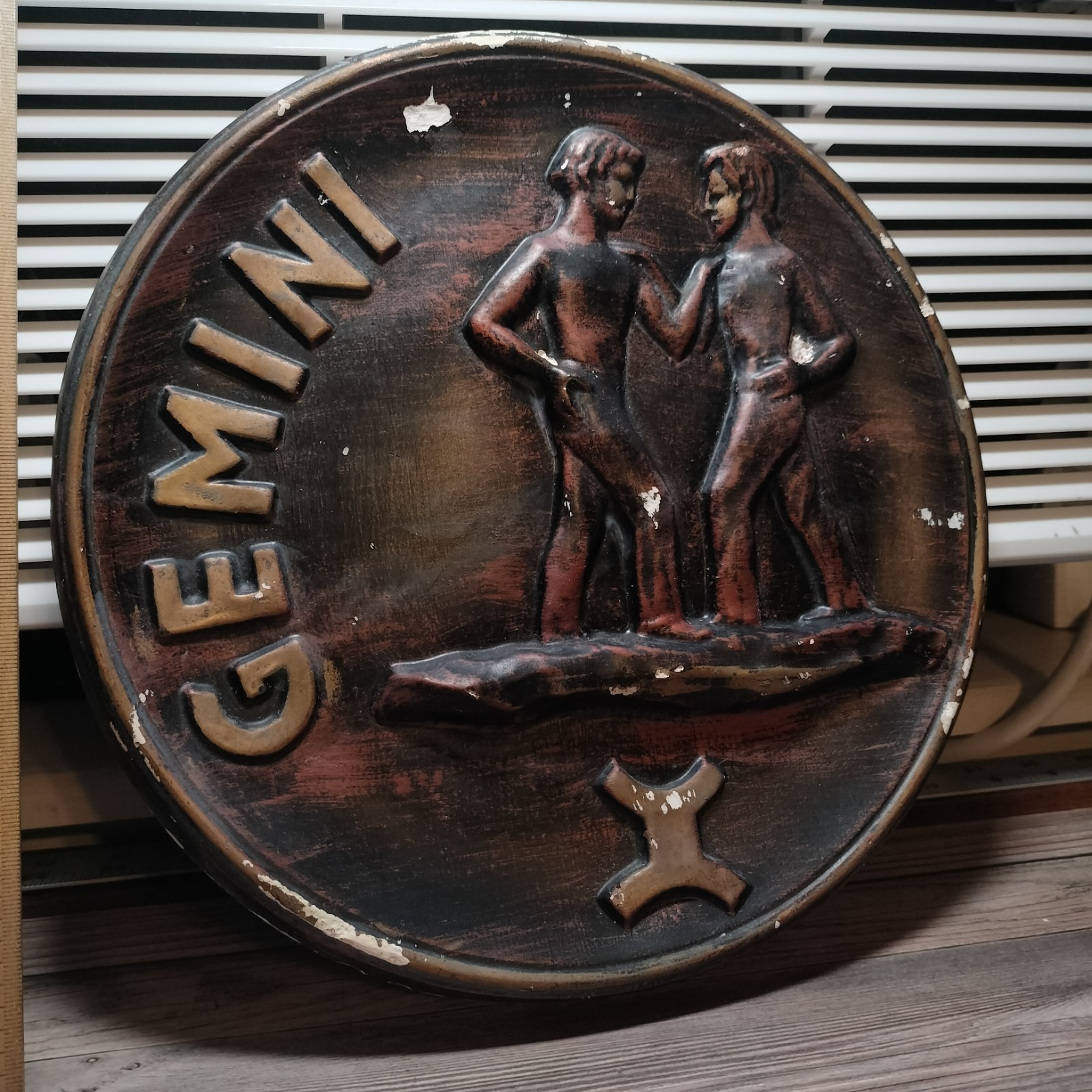Vintage 70s ZODIAC SIGN Gemini 3D WALL Art PLAQUE Chalk Ware Decor 10.5” 