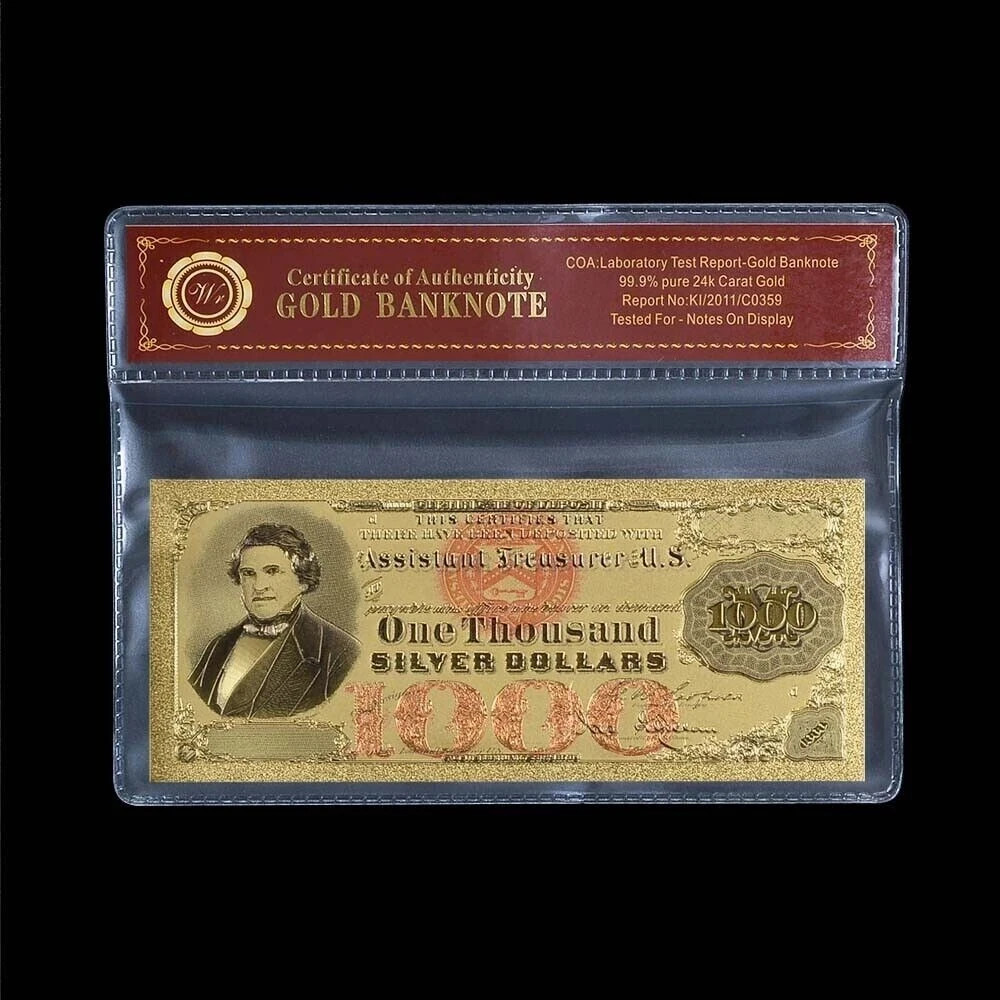 1878 1000 Dollar BankNote Collectible Gold Foil  with Bag & Certificate