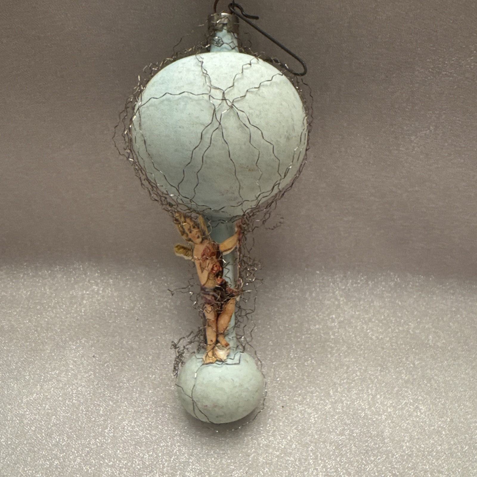 Antique Wire Wrapped Victorian Hot Air Balloon Ornament Not Silvered Angel Litho