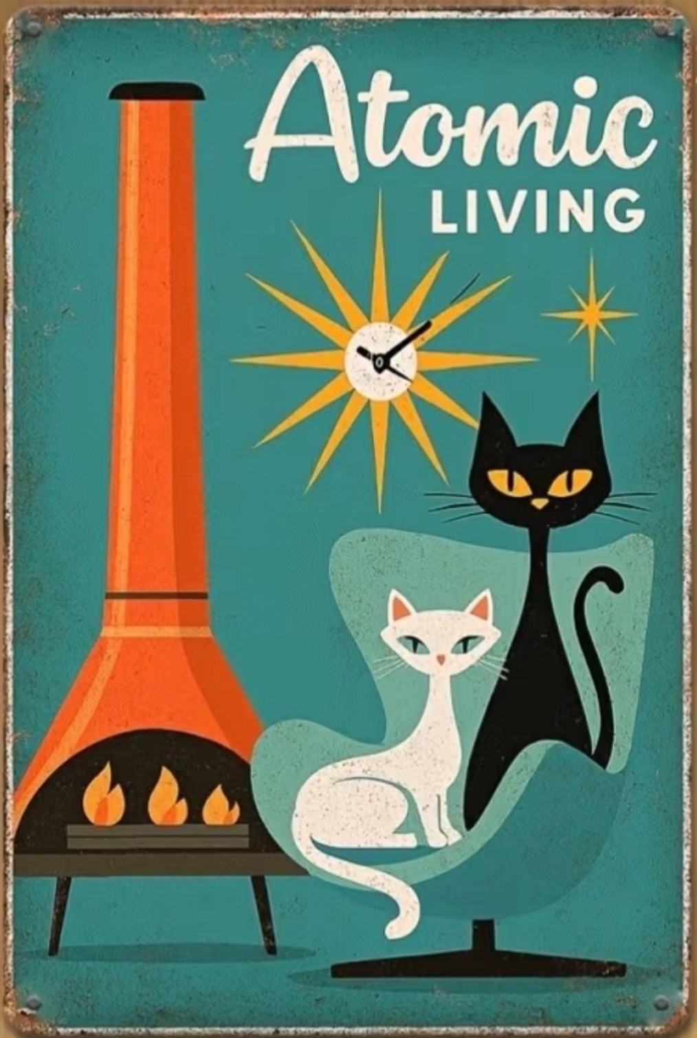 Metal Sign Plaque Vintage Atomic Living Mid-Century -New-8x12