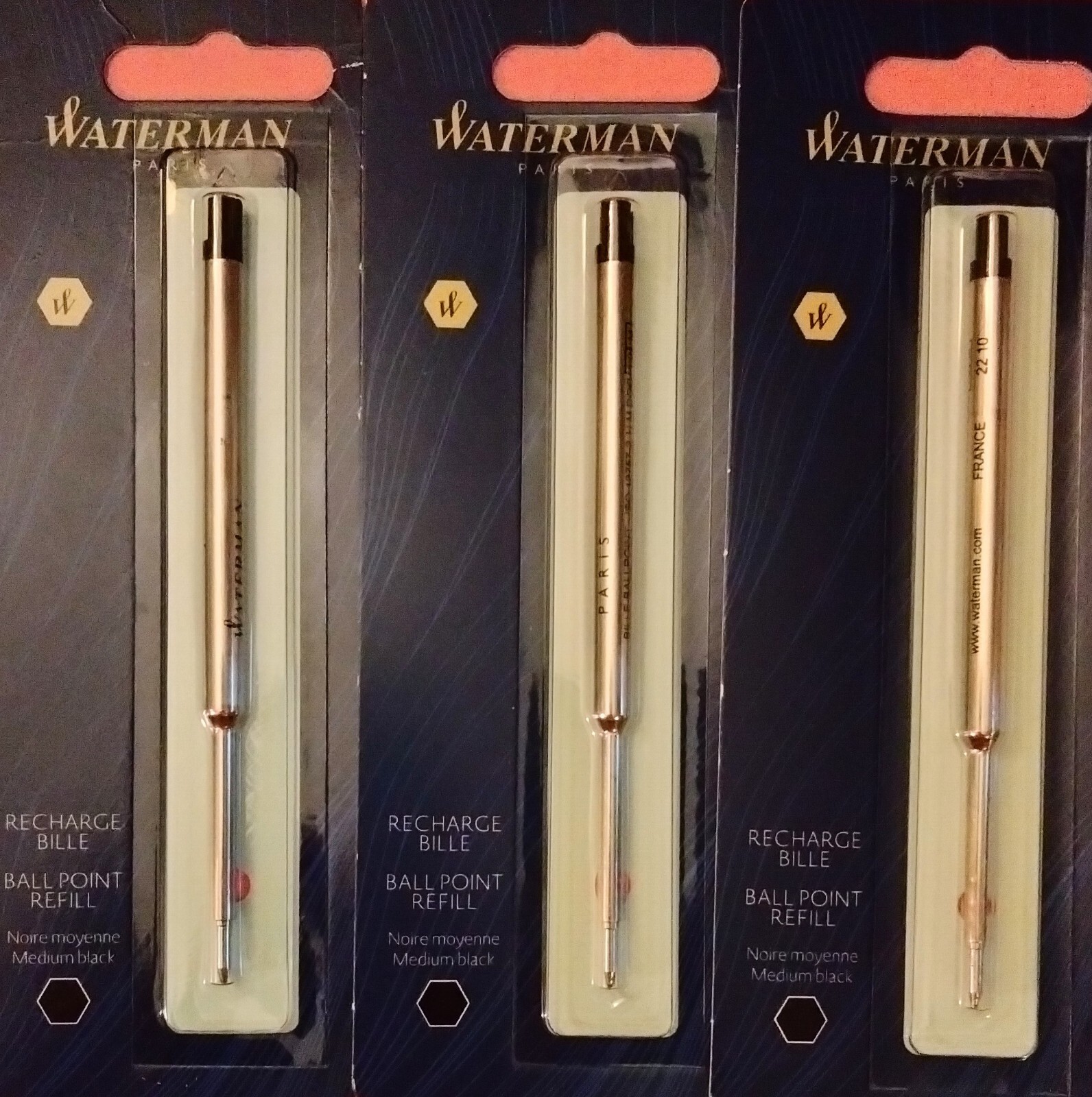 (3) THREE WATERMAN BLACK MEDIUM BALL POINT REFILLS~SEALED PACKS~BUY@$7.77~oh, my