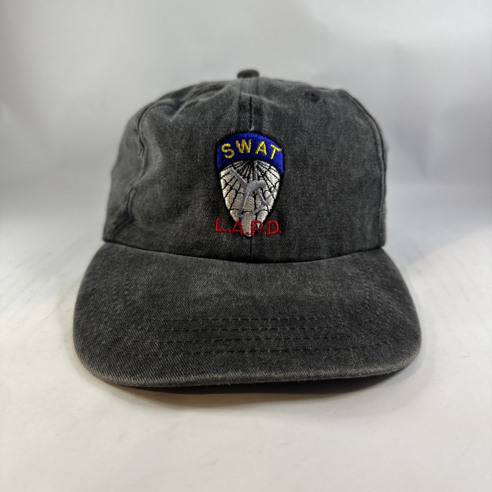Vintage LAPD SWAT Hat Embroidered Logo Acid Wash Leather Strap OSFM Gray Cap