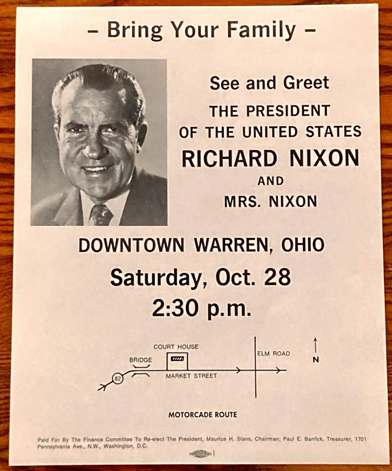 Richard Nixon 1972 Re-election Campaign Event Flyer - Warren OH
