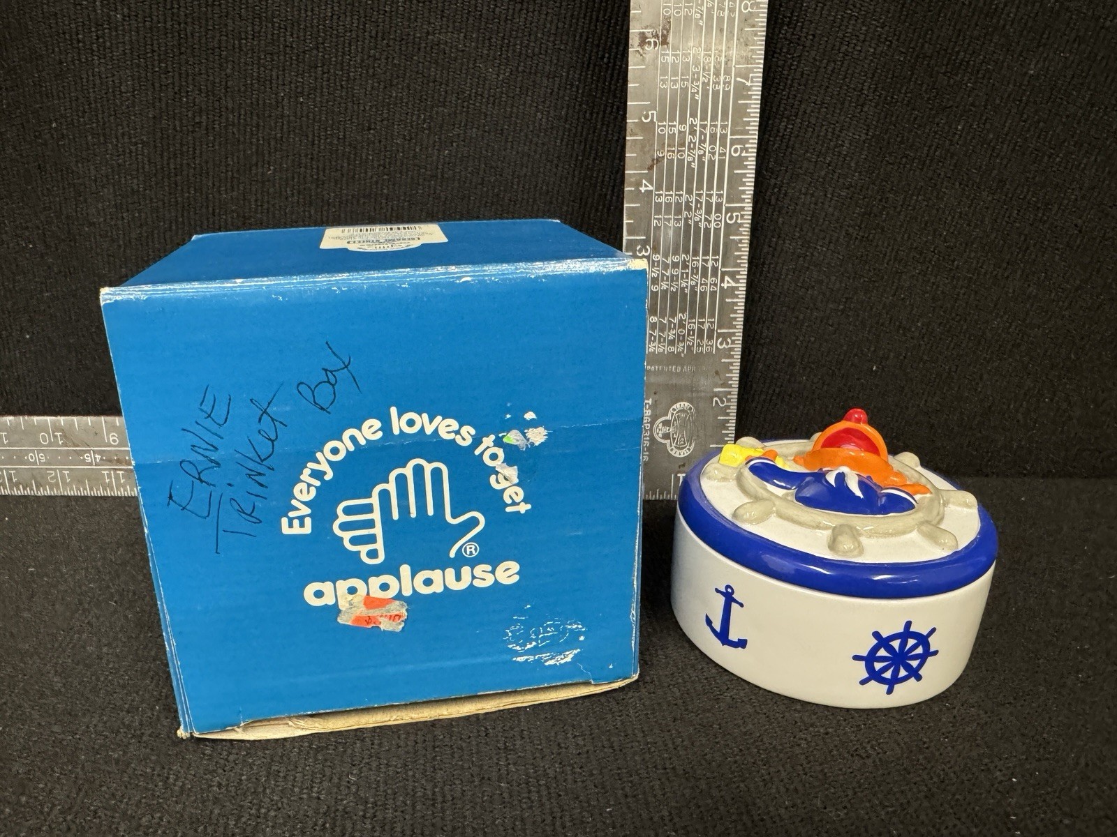 Vintage Jim Henson Applause Ernie Ceramic Trinket Box Sailor Boat W Box