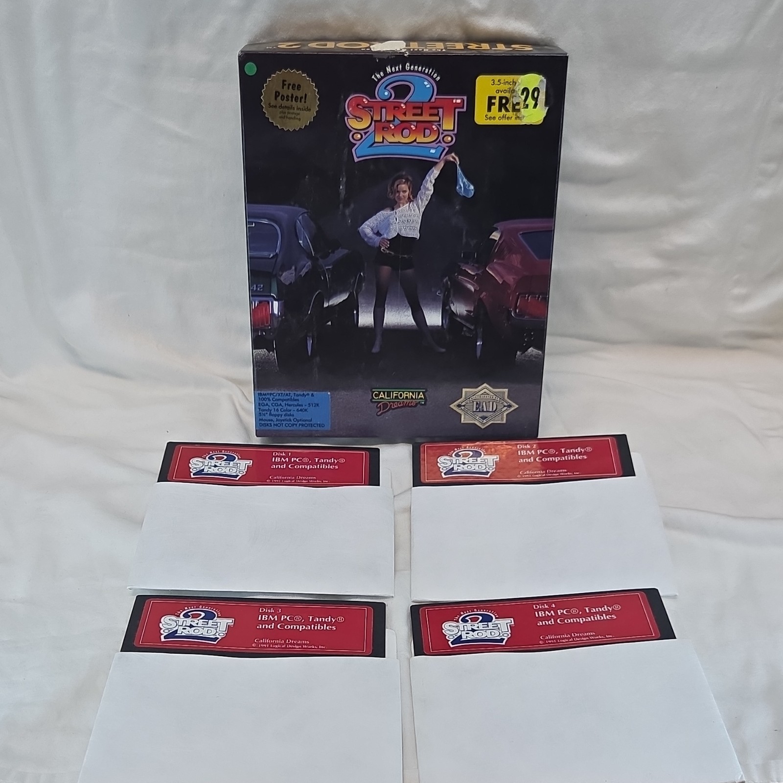 California Dreams Street Rod 2 PC Racing 1991 Big Box w/ 4 Floppy Disks Poster