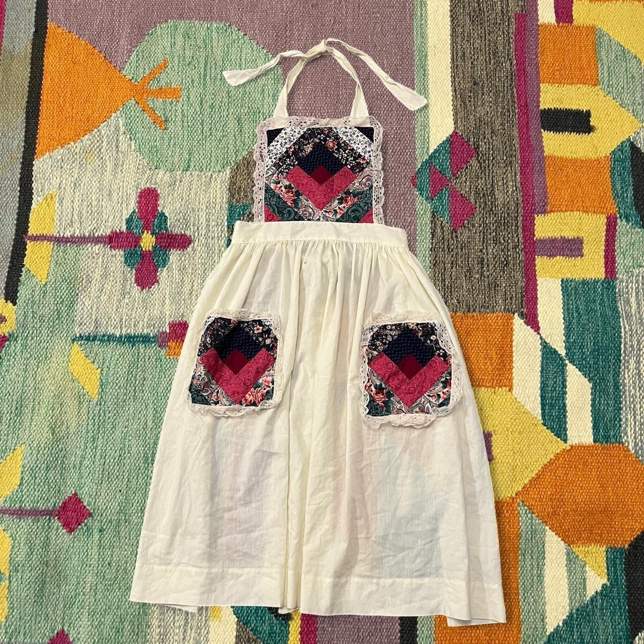 Vintage 70s Full Apron Quilted Lace Cotton Full Skirt Cottagecore Farmhouse