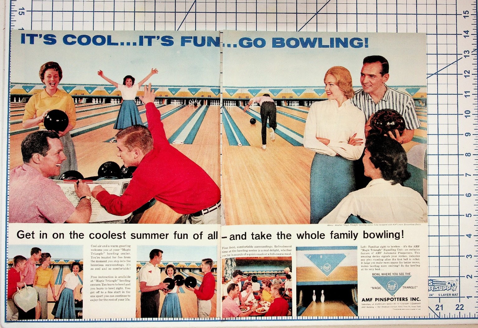 Vintage AMF Bowling Magazine Ad 1950s Family Fun Pinspotters New York Ephemera
