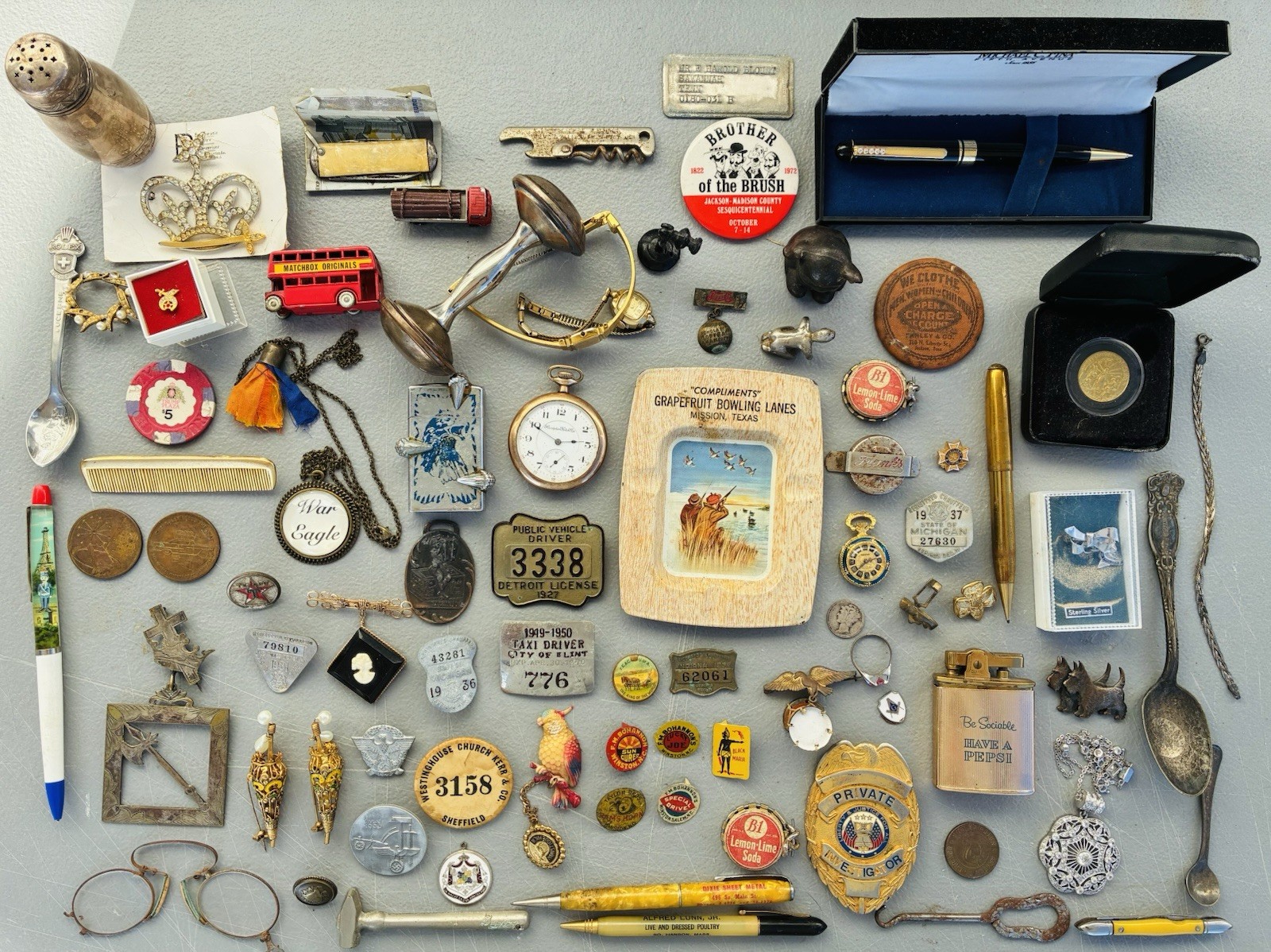 Antique Men’s Estate Junk Drawer Lot Advertising Pocket Watch Medals Coins OLD
